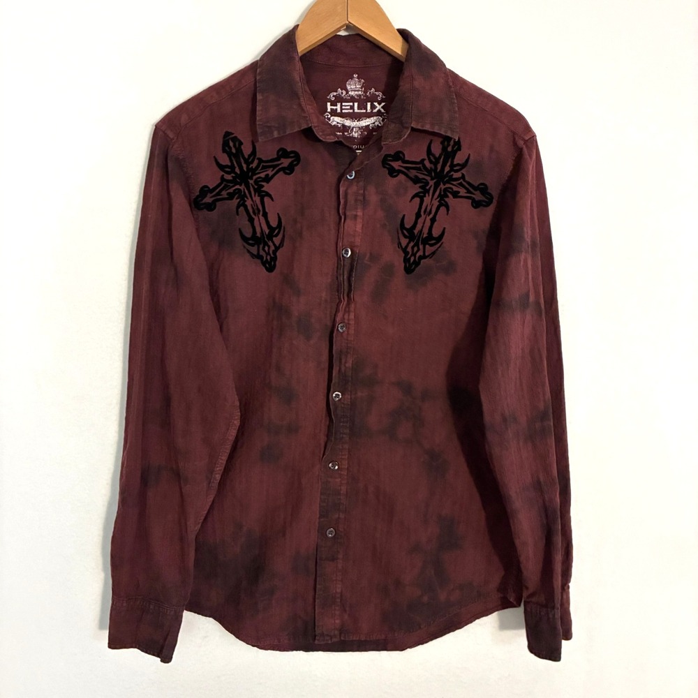 Helix Shirt Mens M Long Sleeve Button Up Tie Dye Cross Embroidered Gothic Biker